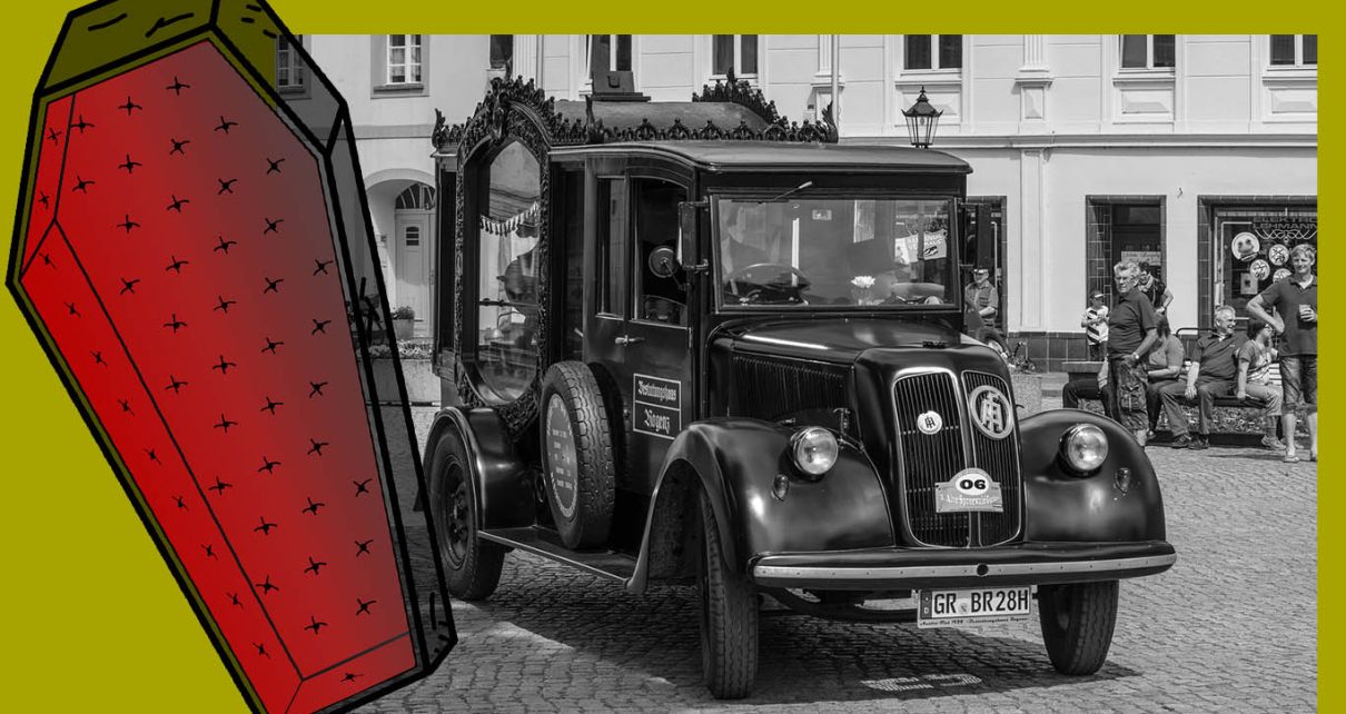O veículo ficou parado, e o caixão ficou exposto em uma faixa de pedestres, chamando a atenção de transeuntes e motoristas na área movimentada da cidade.
