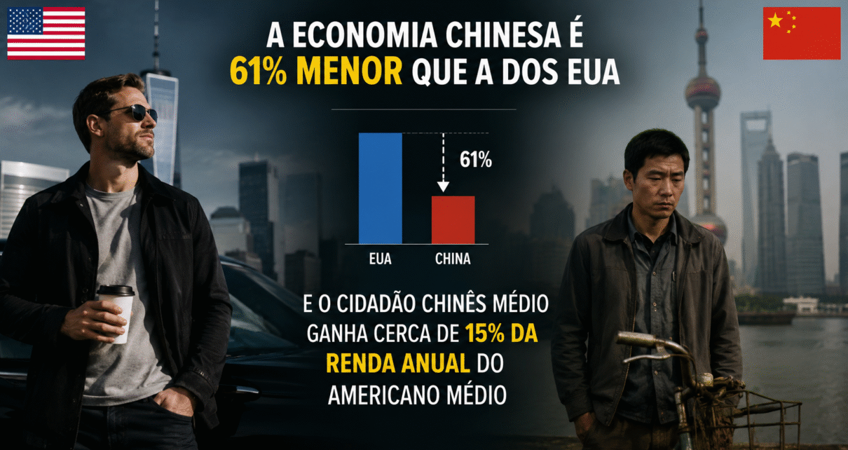 A economia chinesa é 61% menor que a dos EUA, e o cidadão chinês médio ganha cerca de 15% da renda anual do americano médio