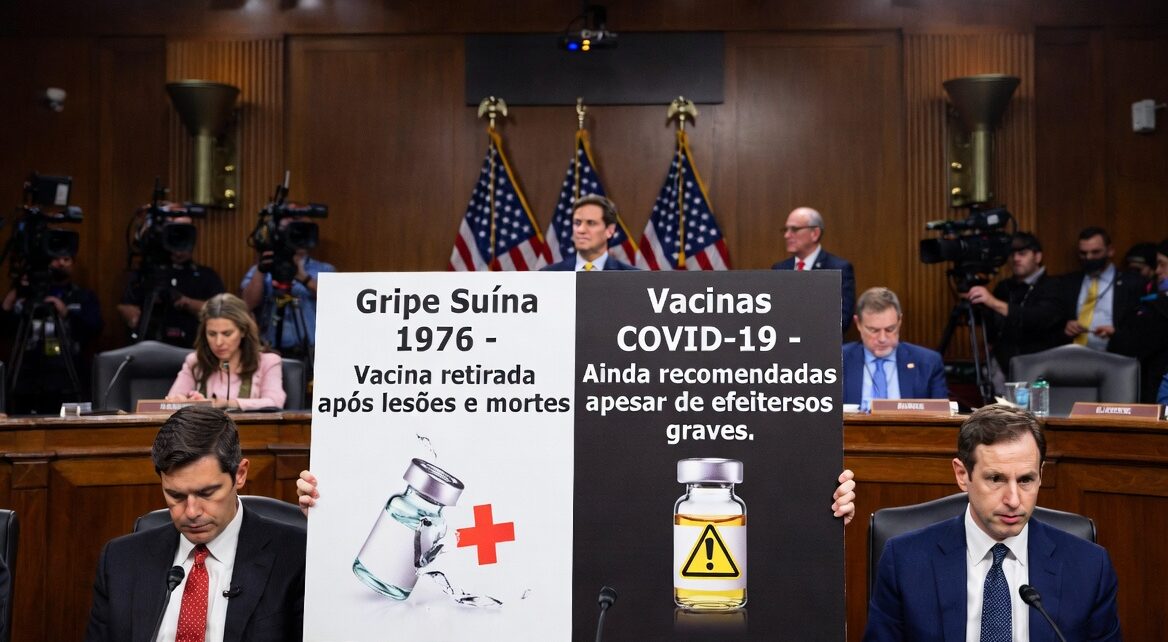 Uma foto 1280 x 720 baseada nessa notícia de audiencia do senado dos eua: "Ao contrário da vacina contra a gripe suína de 1976, que foi retirada do mercado após a cobertura da mídia sobre lesões e mortes, as vacinas contra a COVID-19 continuam sendo amplamente recomendadas, apesar das crescentes evidências de efeitos adversos graves"