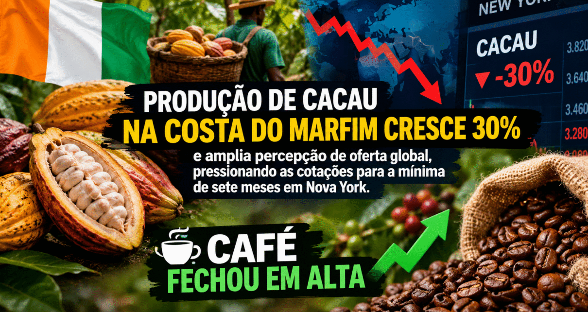 CACAU E CAFÉ - Cacau despenca 7,77% em Nova York com avanço da oferta na Costa do Marfim